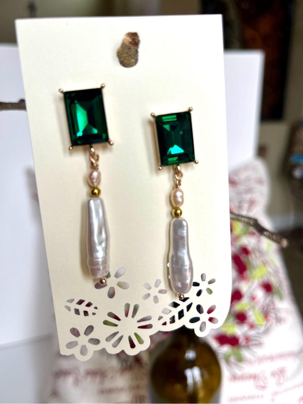 Baroque cultured pearl with emerald Crystal and Pearl Drop Earrings